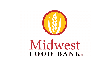 Logo of Midwest Food Bank featuring a wheat symbol in red and yellow.