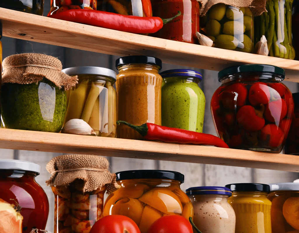 Jars of pickled vegetables and preserves on wooden shelves.