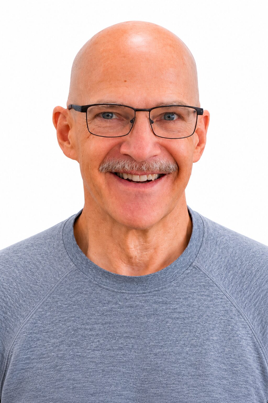 Bald man with glasses and gray shirt.